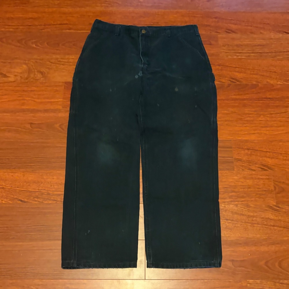 Carhartt Mens B11 BLK Dungaree 36x30 Black Faded Canvas Work Pants Baggy Vintage